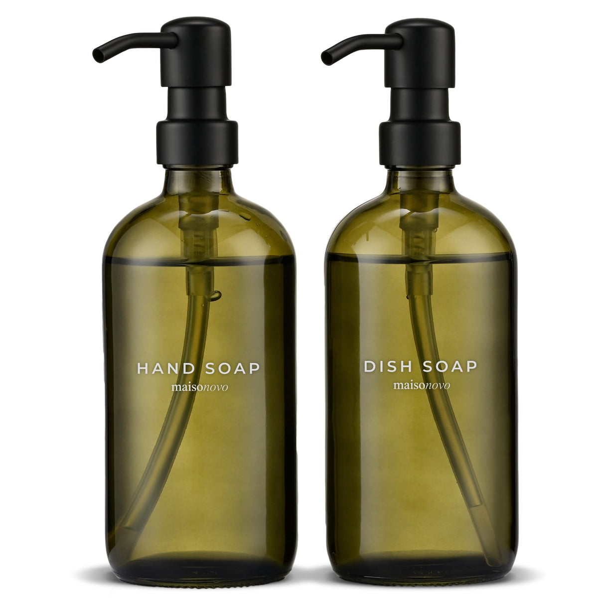 Maisonovo soap dispenser set in green glass with black pumps for kitchen or bathroom use