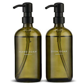 Maisonovo soap dispenser set in green glass with black pumps for kitchen or bathroom use