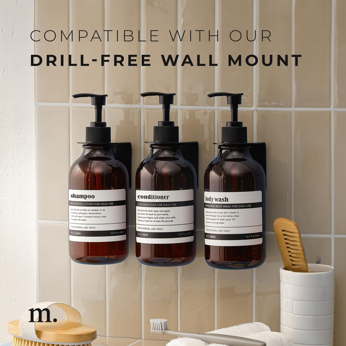 MAISONOVO three-bottle set neatly displayed in a bathroom