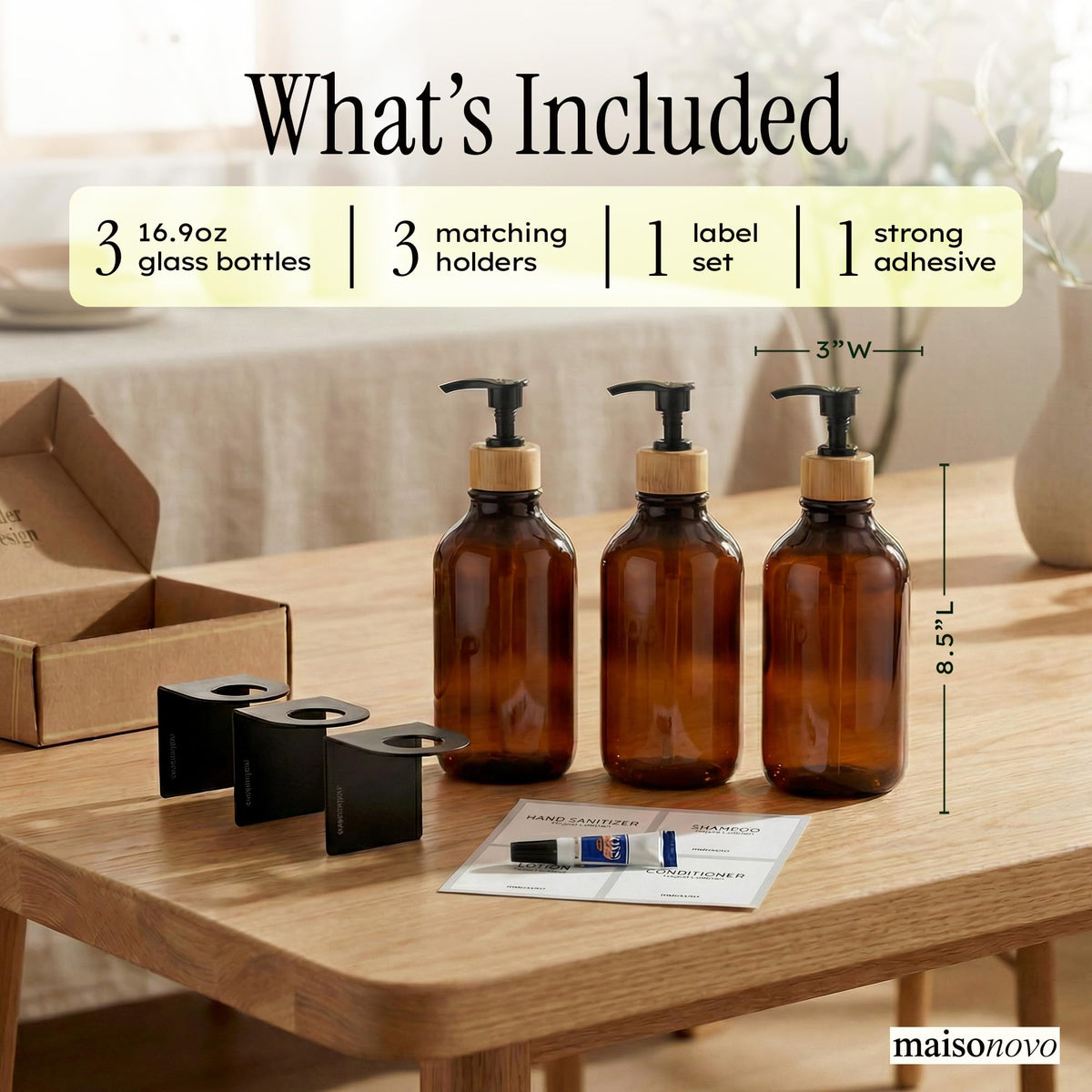 maisonovo amber bamboo dispenser wall brackets closeup show secure drill-free mounting
