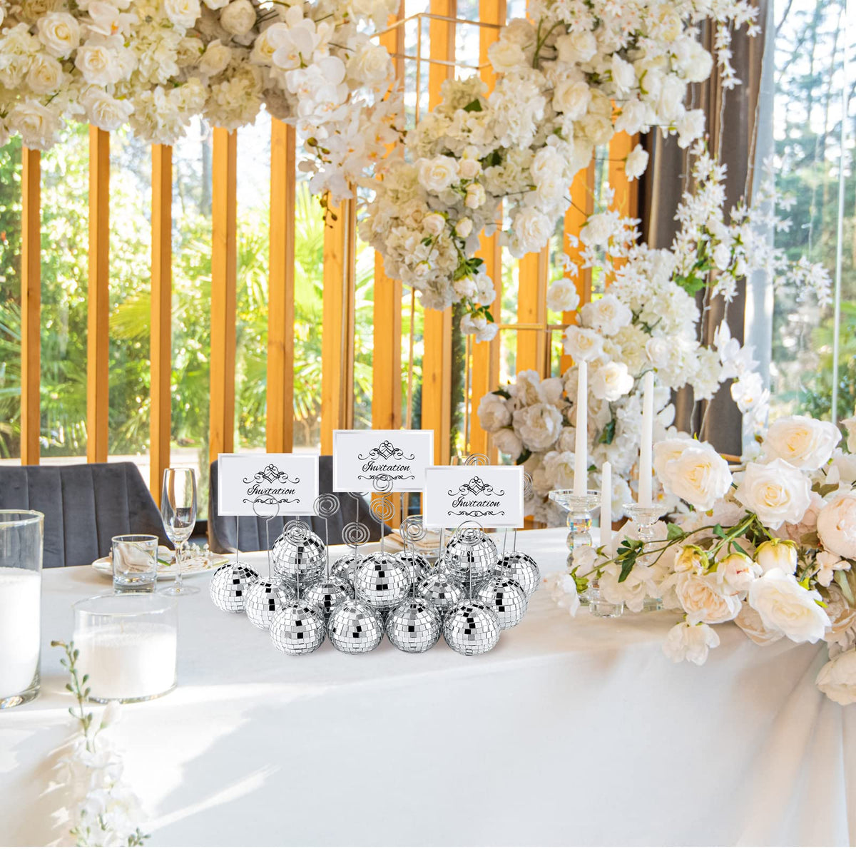 Maitys silver disco-ball appearance reflects light for standout table décor