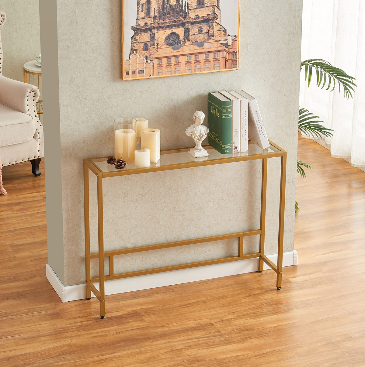 MAJARO entryway console table — side view shows stable support for decor