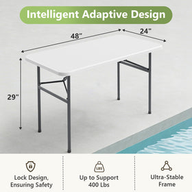 MAKE CHANGES 4ft folding table folded for compact storage and easy transport
