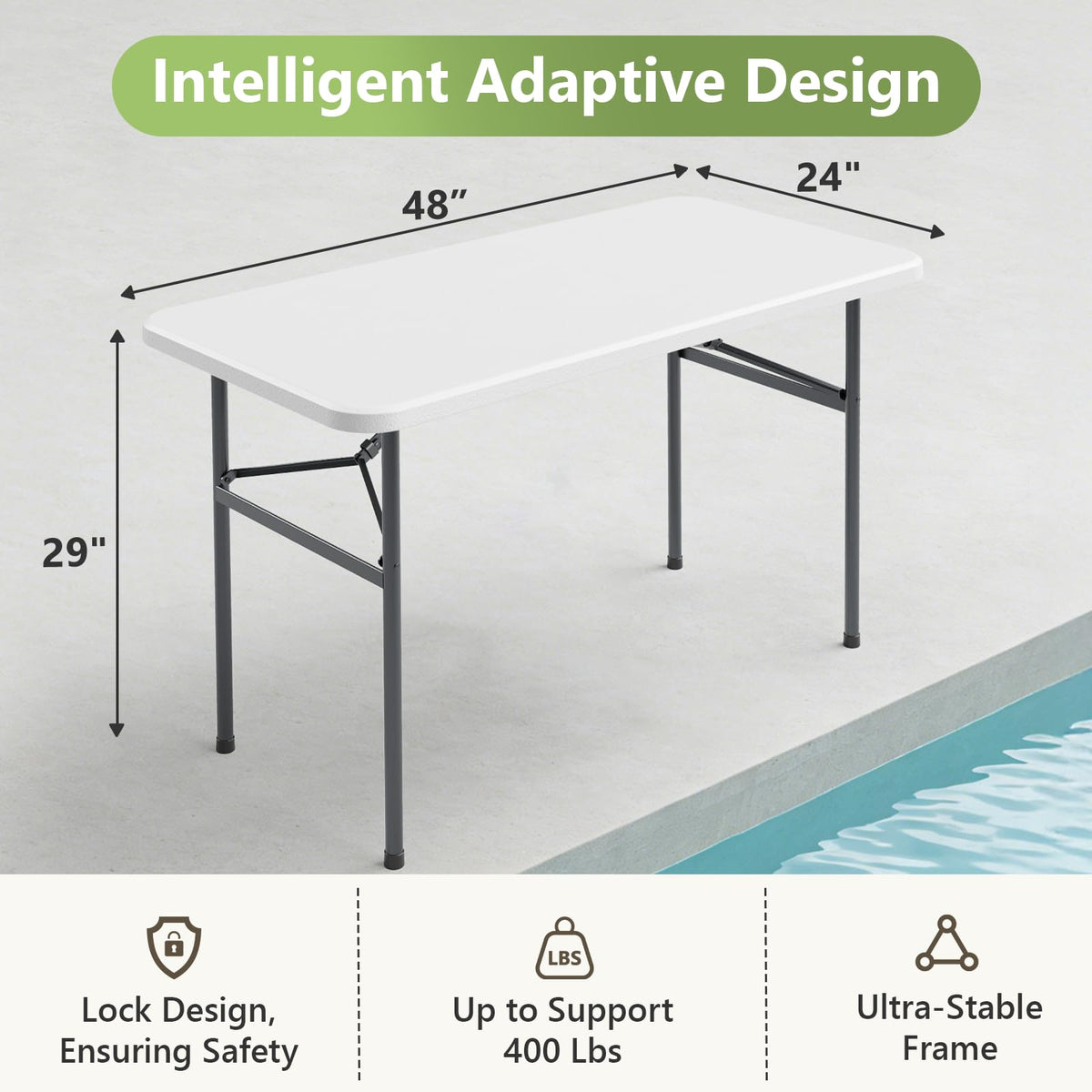 MAKE CHANGES 4ft folding table folded for compact storage and easy transport
