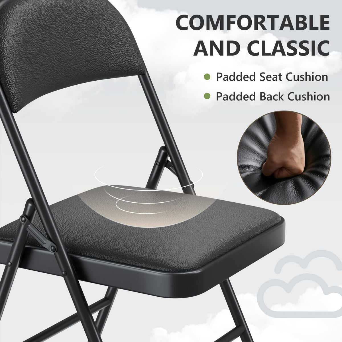 MAKE CHANGES folding chairs sturdy metal frame for durable use.