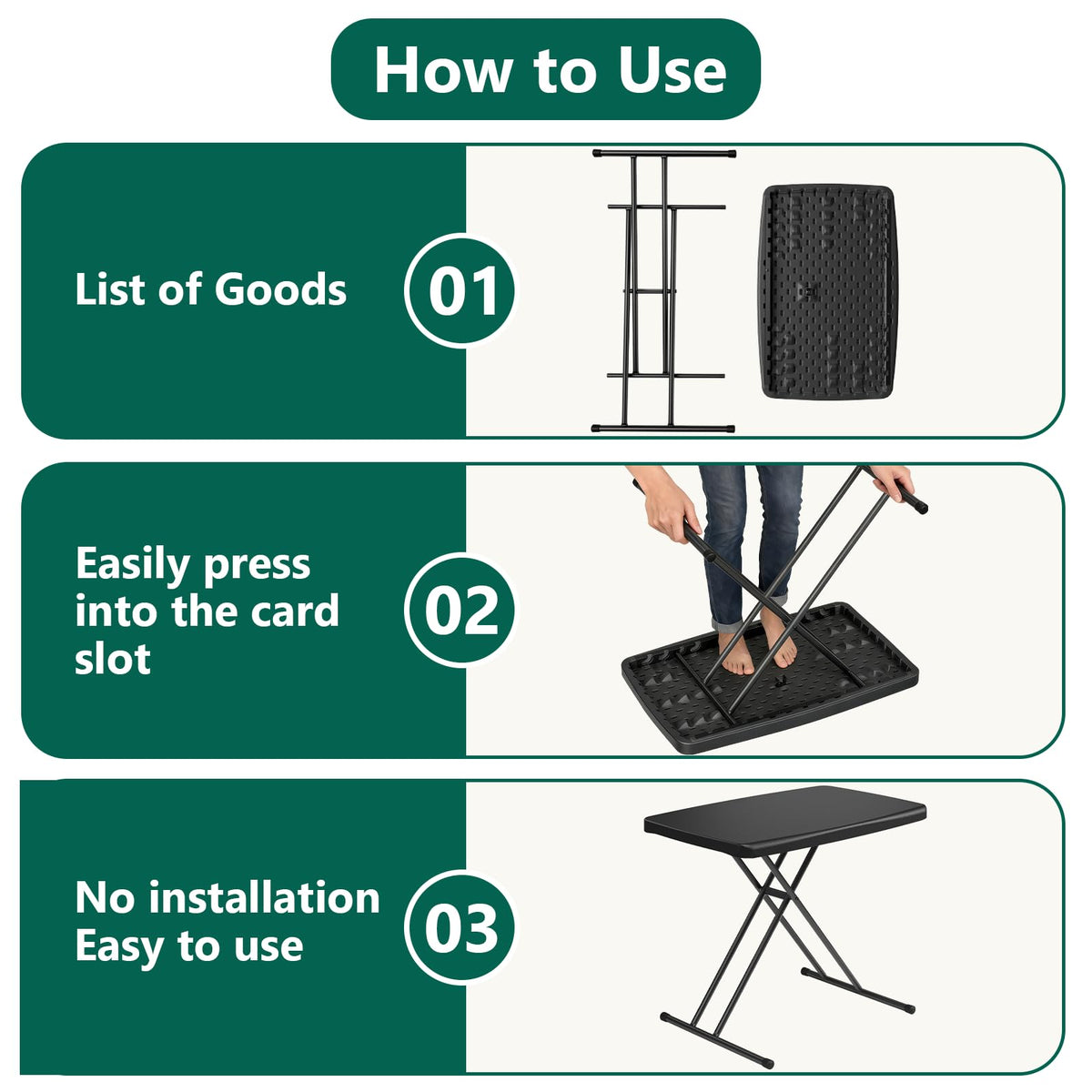 MAKE CHANGES folding table snowy granite black finish surface.