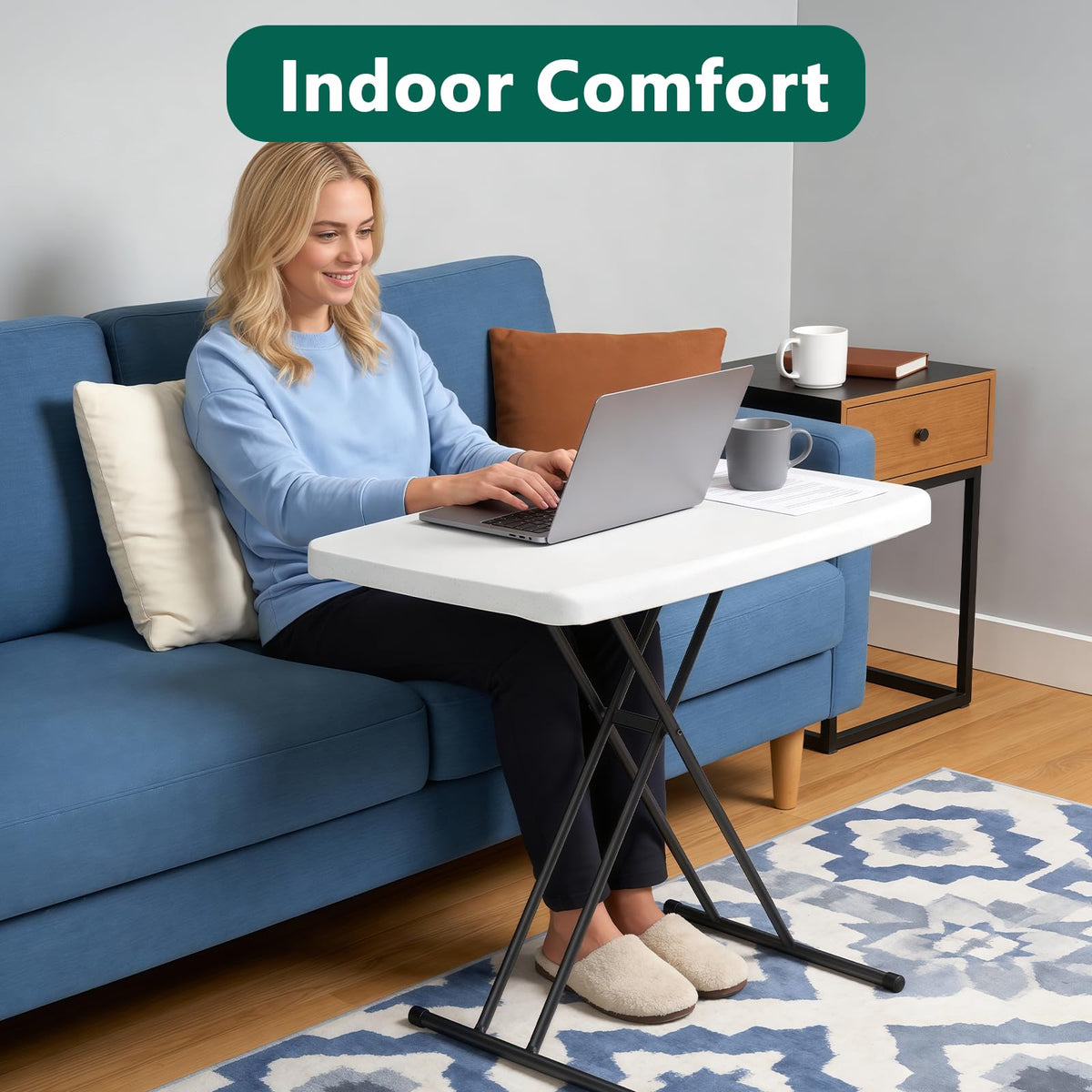 Make Changes folding table height-adjustment feature supports sofa-side laptop use or dining.
