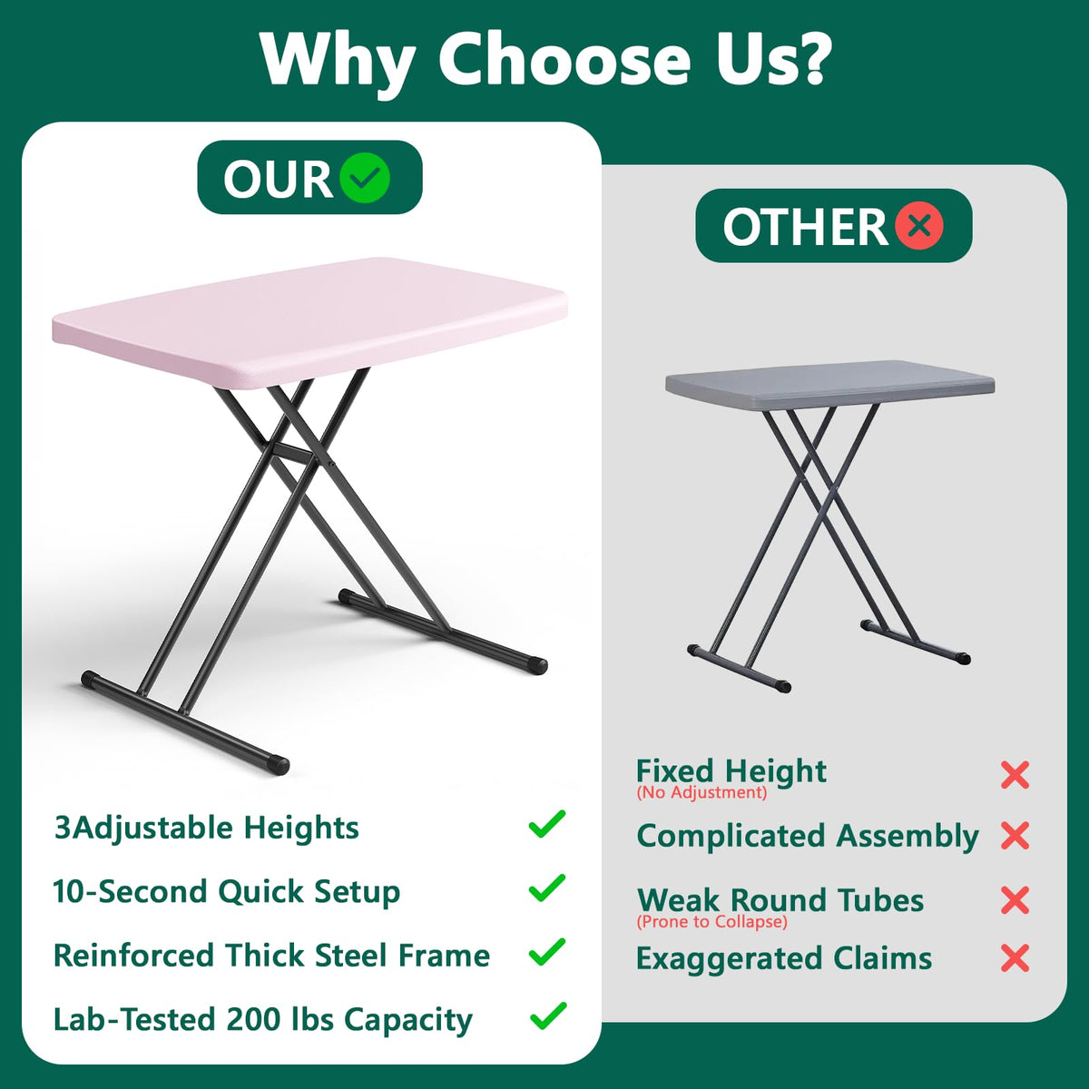 Versatile use as TV tray, desk, or camping table.