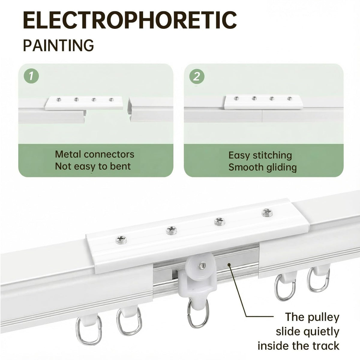 MaKefeile aluminum brackets and connectors provide strong support for long curtain spans.