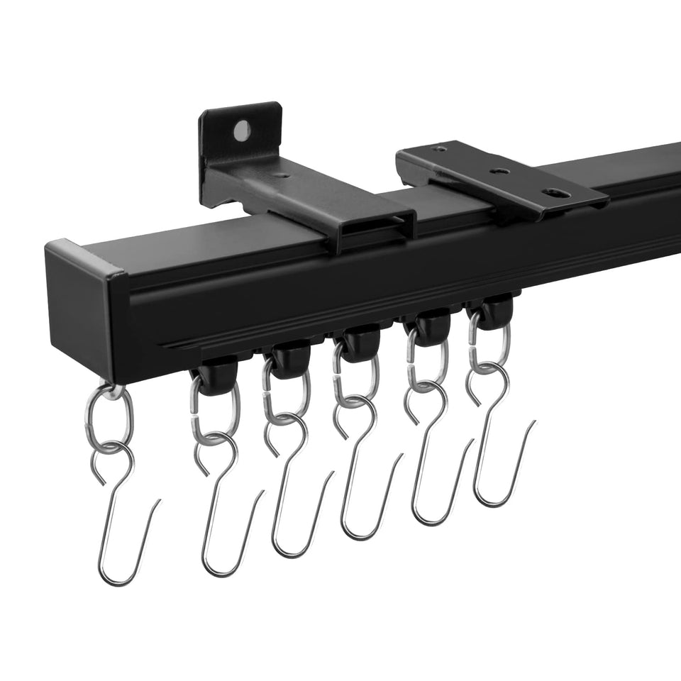 MaKefeile ceiling curtain track 9ft in black enables smooth, quiet operation.