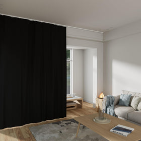 MaKefeile ceiling-track curtains mounted overhead for flexible space division.