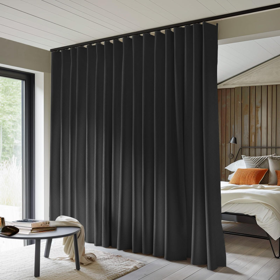 MaKefeile room-divider curtains front view showing total blackout capability for bedrooms and living spaces.