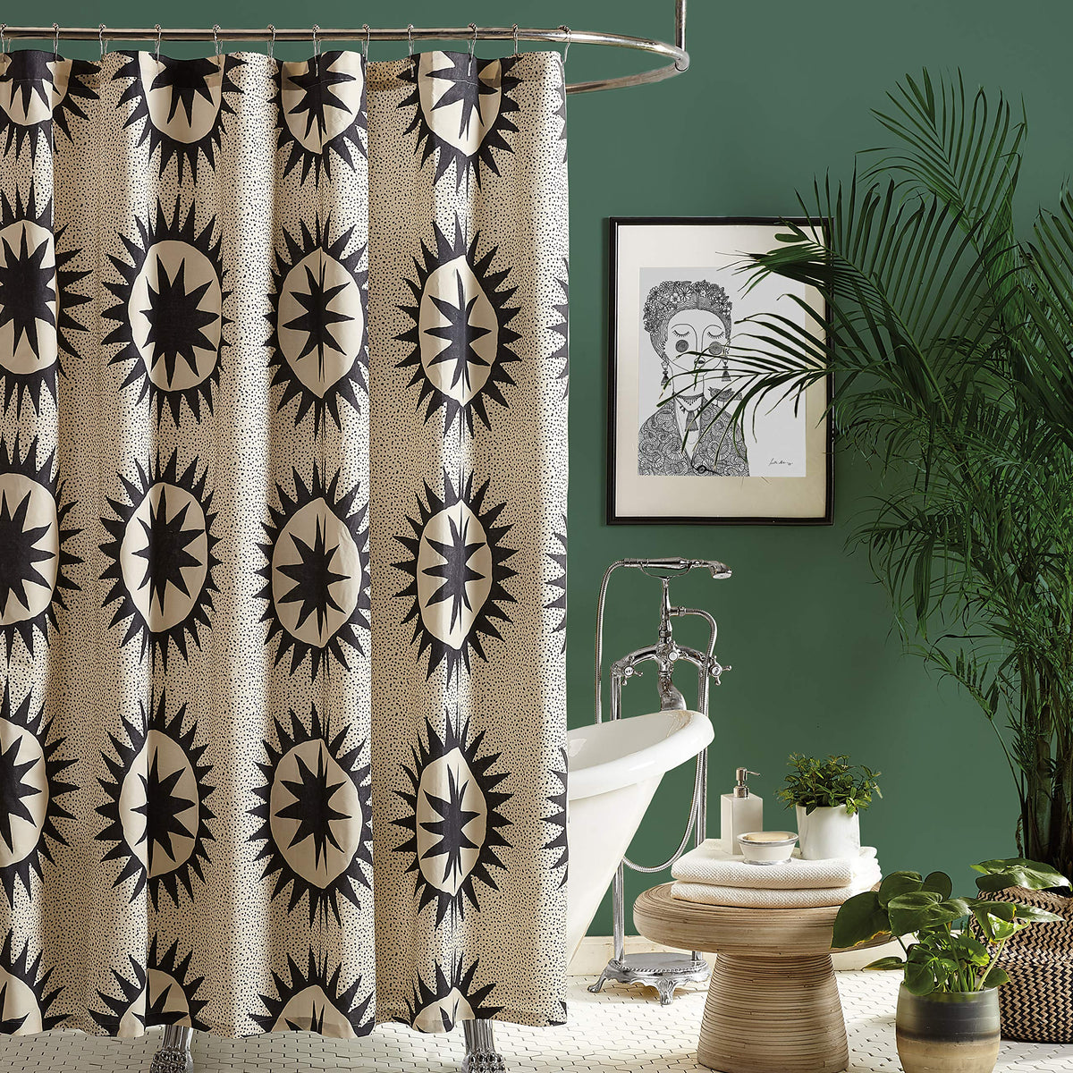 Makers Collective Jungalow Soleil curtain with boho sun-ray pattern brightens your bathroom