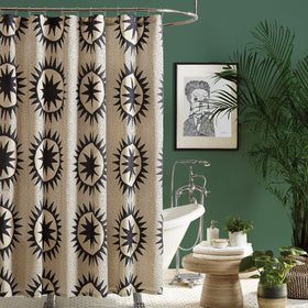 Makers Collective Jungalow Soleil curtain with boho sun-ray pattern brightens your bathroom