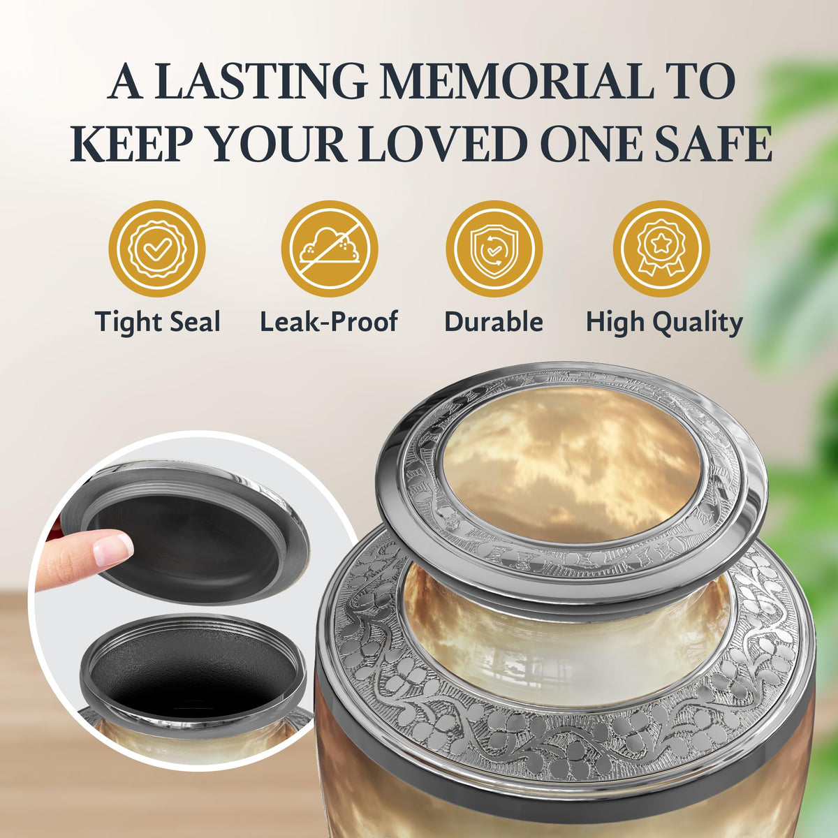 Malaika Memorials cross urn aluminum body shown on an elegant surface