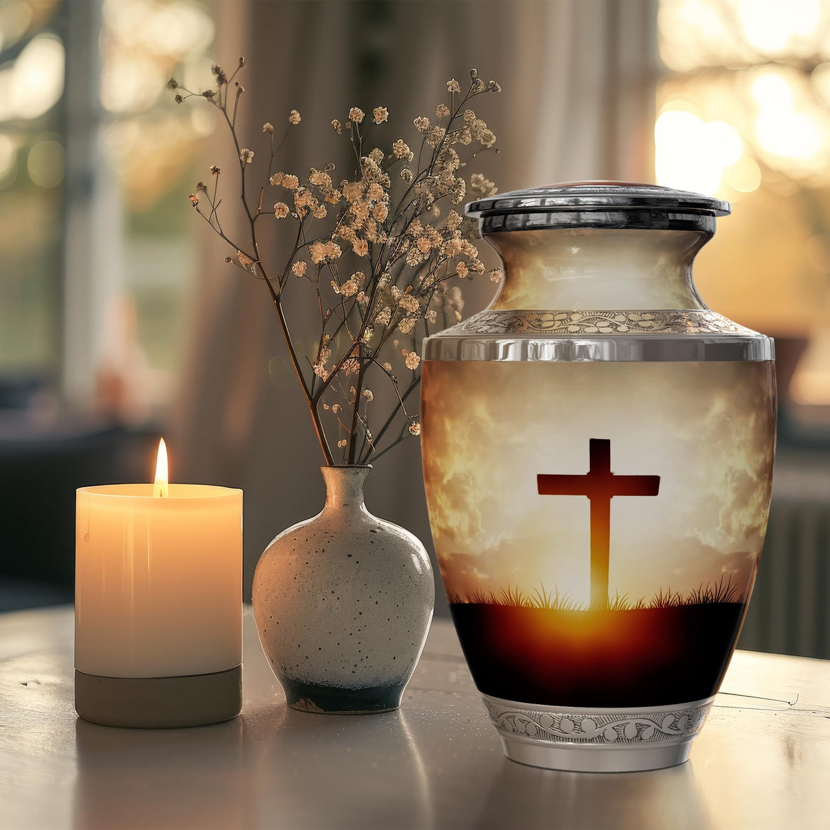 Malaika Memorials cross urn display-ready in a serene home setting