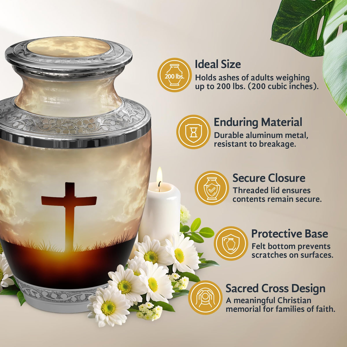 Malaika Memorials cross urn close-up of screw-top lid for secure ashes