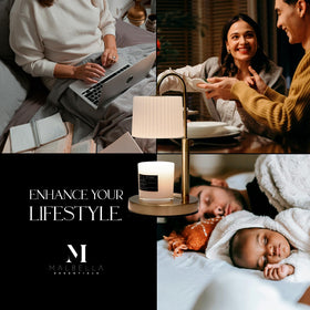 Malbella Essentials candle warmer enhancing living room ambiance with warm glow.