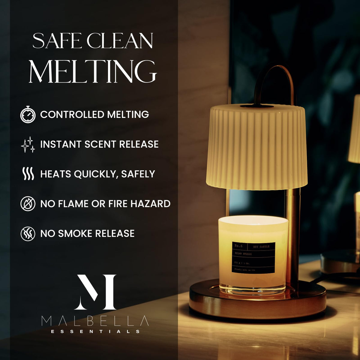 Malbella Essentials wax melter enables even melting and balanced scent release.