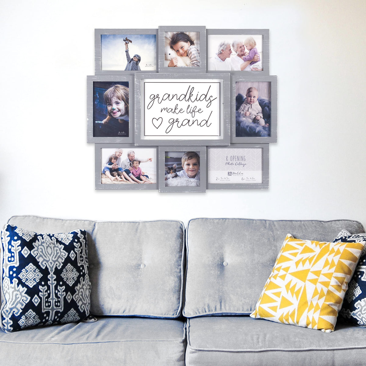 Malden 8-opening wall collage mounted securely with built-in hardware.