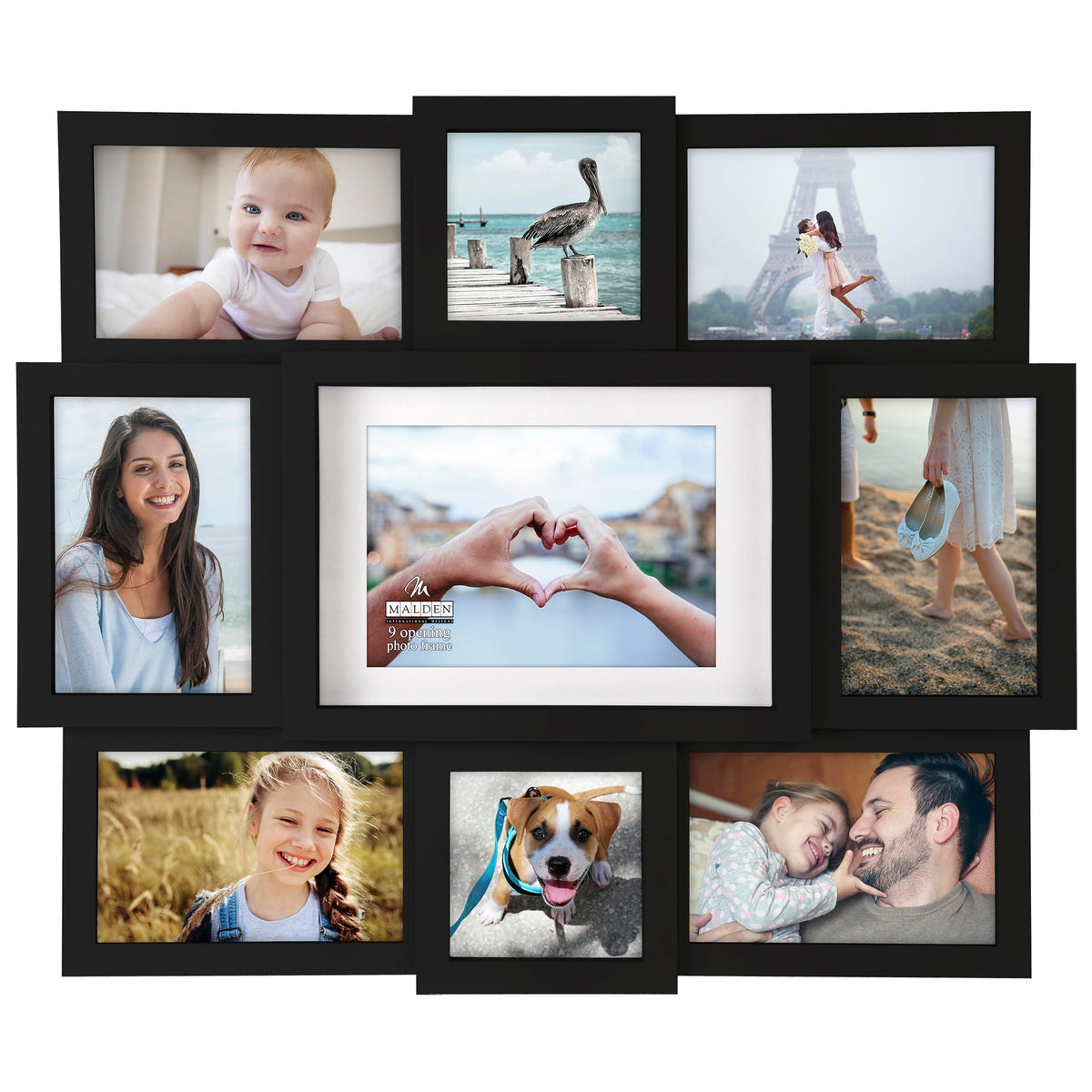 Malden black nine-opening collage frame front view showcases nine-photo display for any wall.
