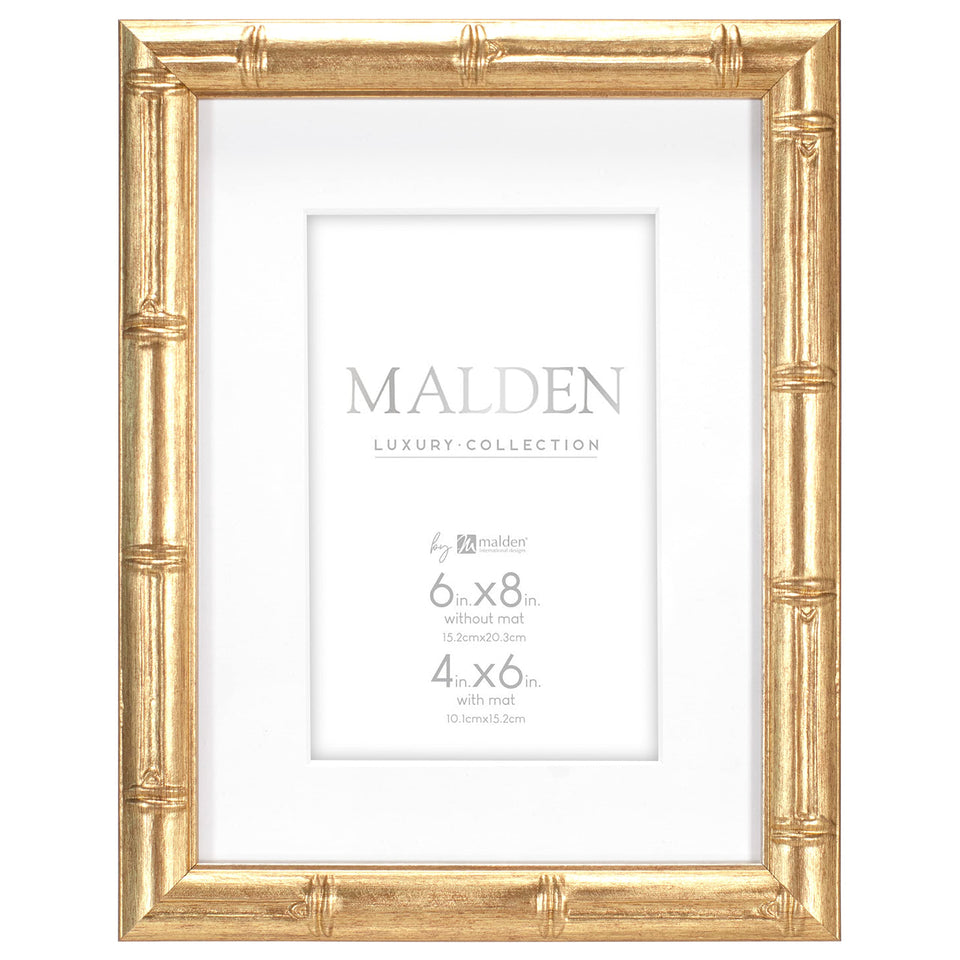Malden Gold Bamboo 4x6 frame front view highlights antique finish for shelf display
