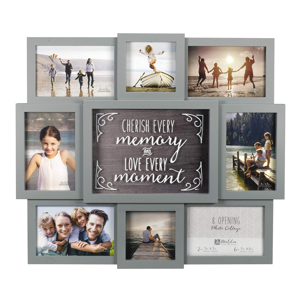 Malden gray 8-opening sentiment frame front view for elegant wall gallery display of memories