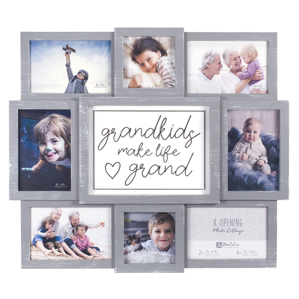 Malden gray 8-opening collage with glass front displaying cherished photos.