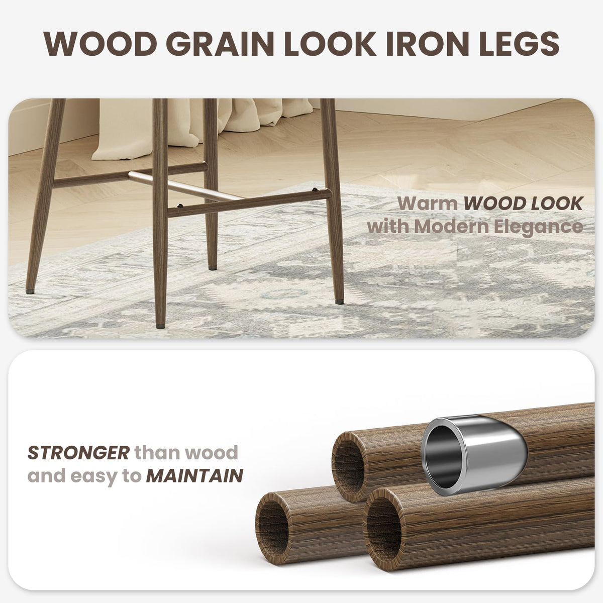 MALOL bar stools with metal legs offer modern durability and easy maintenance.