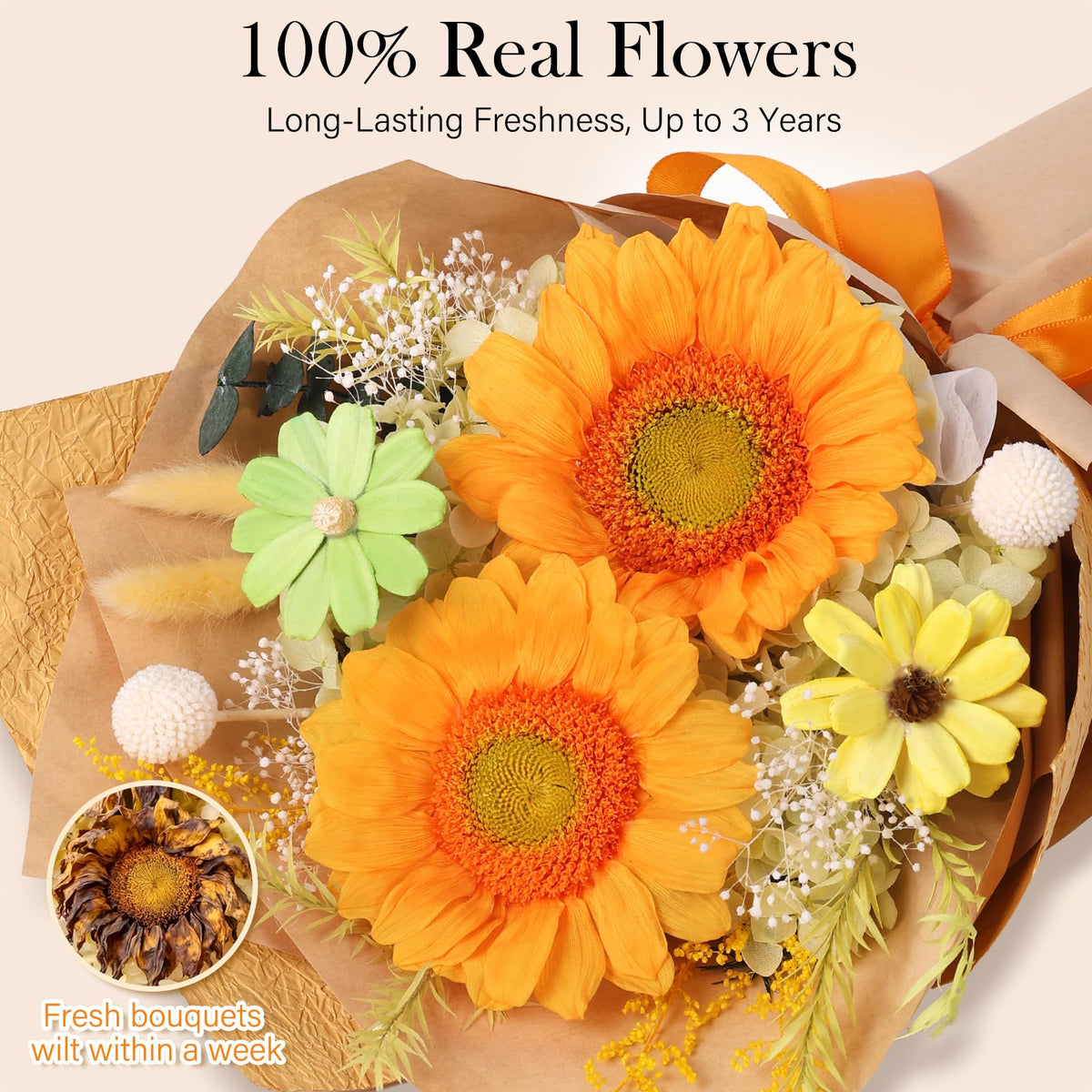 Elegant living room display featuring preserved sunflowers that never wilt.