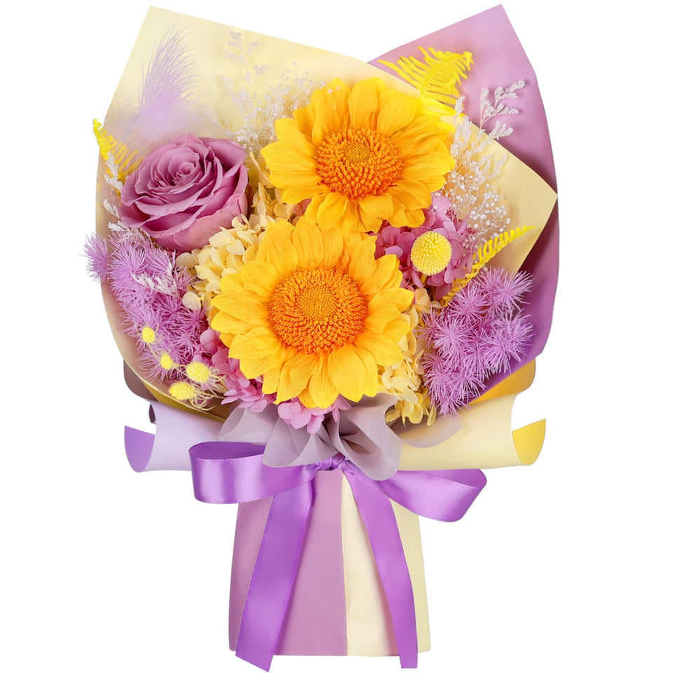 MAMAMIKO preserved sunflower bouquet with two sunflowers for a long-lasting centerpiece.