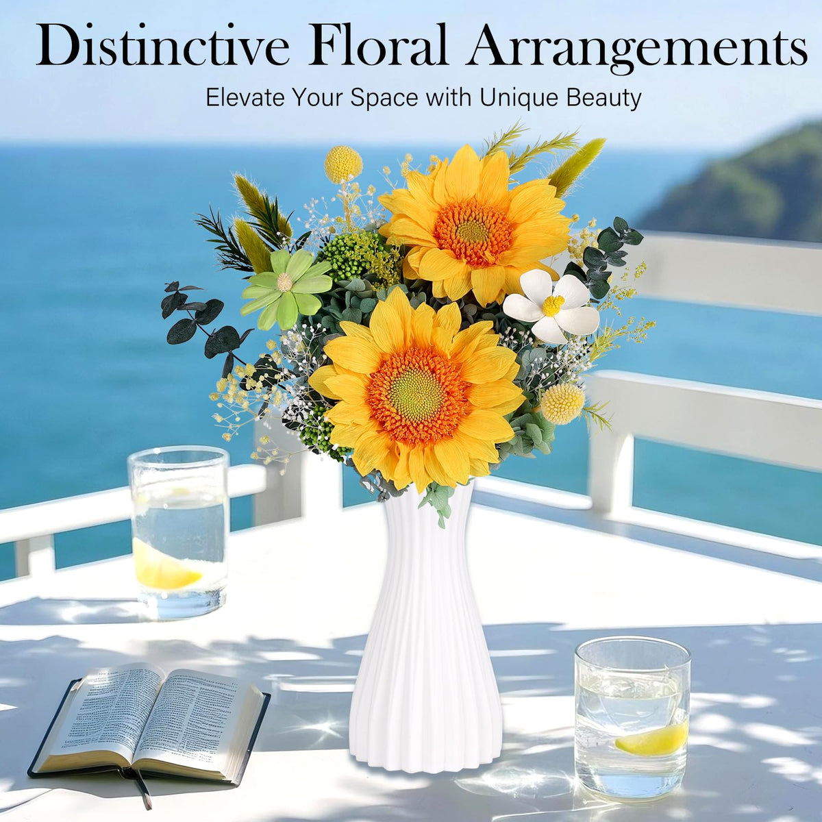 MAMAMIKO preserved sunflowers with stock and eucalyptus for vibrant, low-maintenance decor