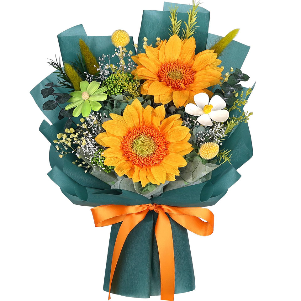 MAMAMIKO preserved sunflower bouquet with two bright blooms for enduring home decor