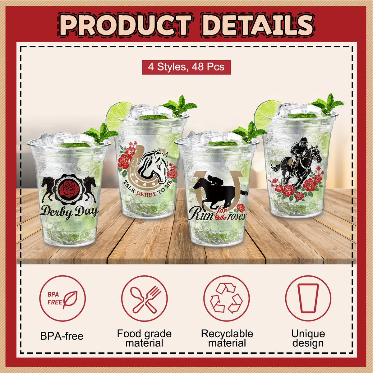 Mamfeov Derby cups roses and horseshoes pattern adds festive charm.