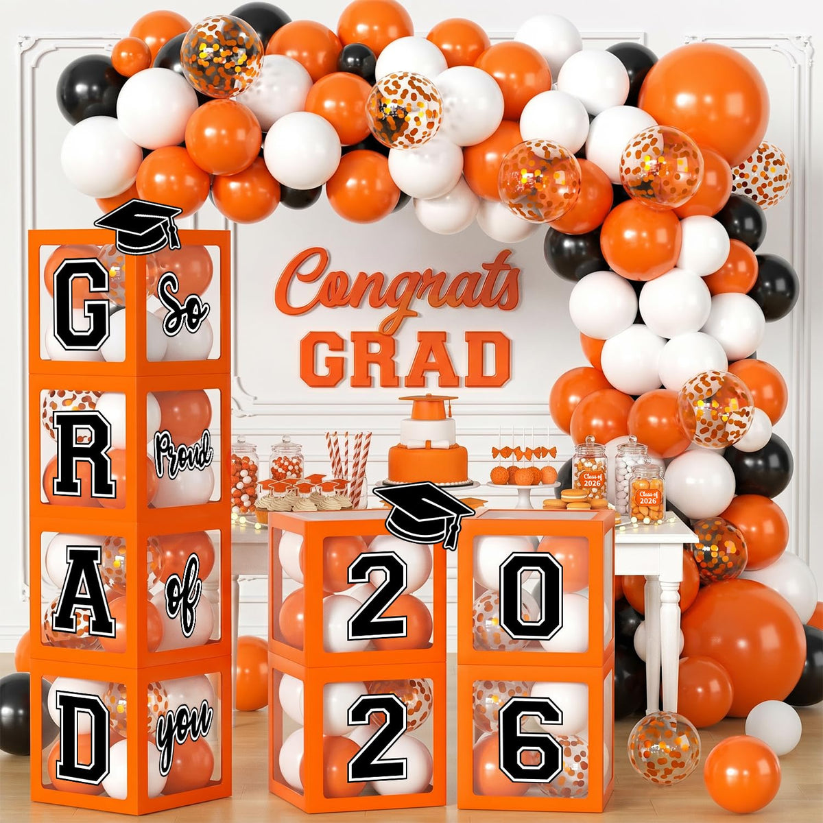 Mamfeov graduation arch kit boxes with orange decor for a festive entrance.
