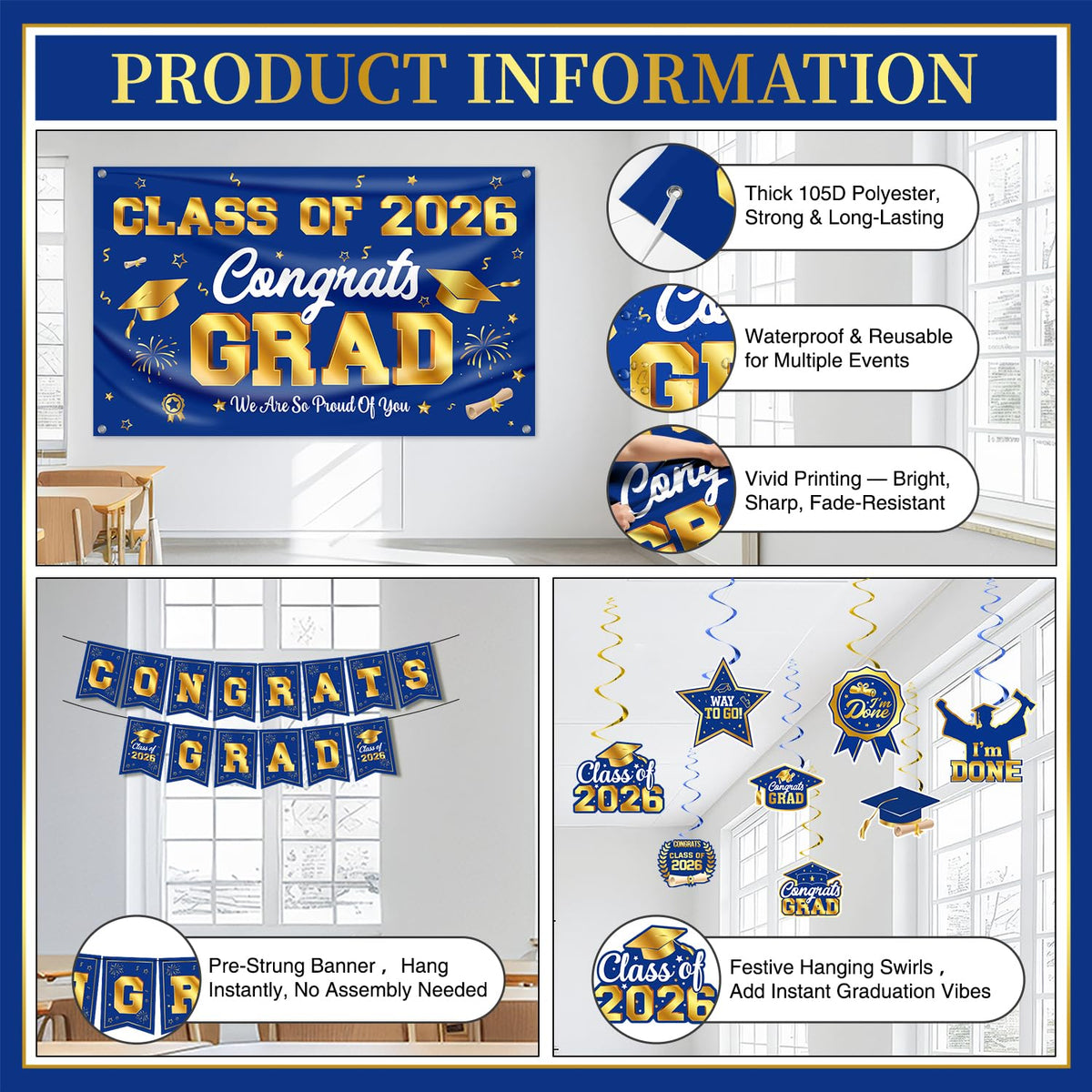 Mamfeov blue and gold balloons set bright party vibes for graduation.