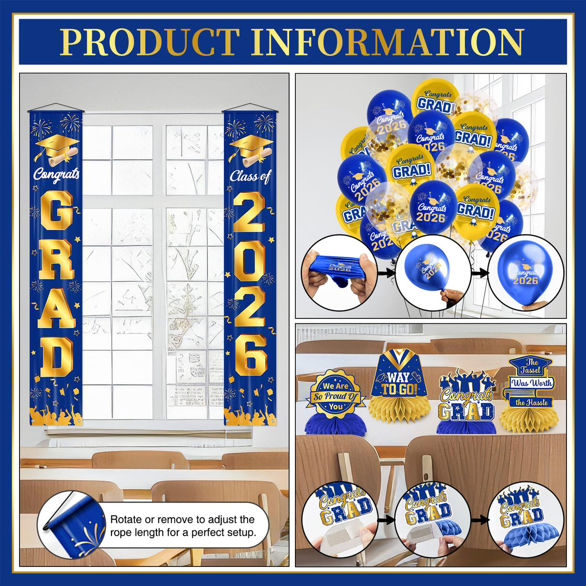 Mamfeov honeycomb balls add depth and color to graduation decor.