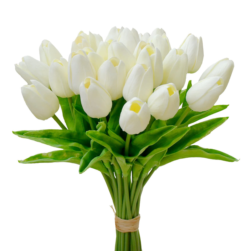 Mandy's Cream artificial tulips centerpiece close-up showing lifelike texture for elegant dining
