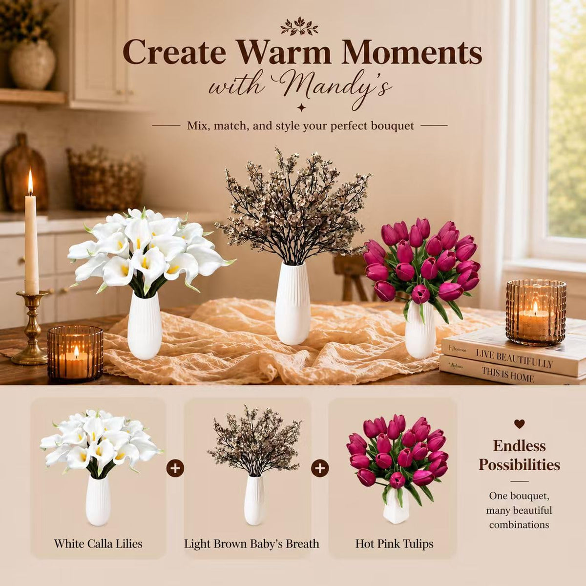 Kitchen islands and reception desks gain refined decor with Mandy's tulips