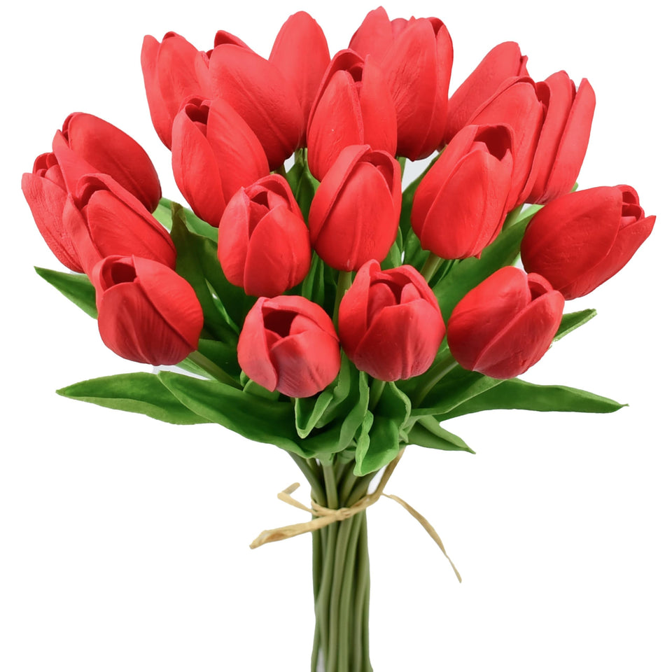 Mandy's Red Artificial Tulips close-up shows lifelike petals for refined table decor.