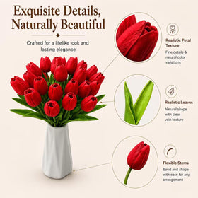 Mandy's Red Tulips on a dining table create a lush focal point for gatherings.