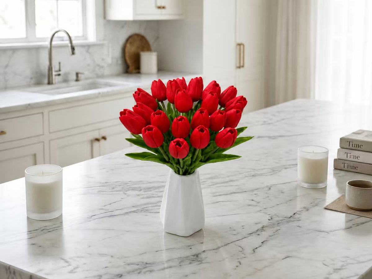 Mandy's Red Tulips on a kitchen island showcase versatile spring styling.