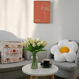 Mandy's tulips as dining table centerpiece that stays bright.