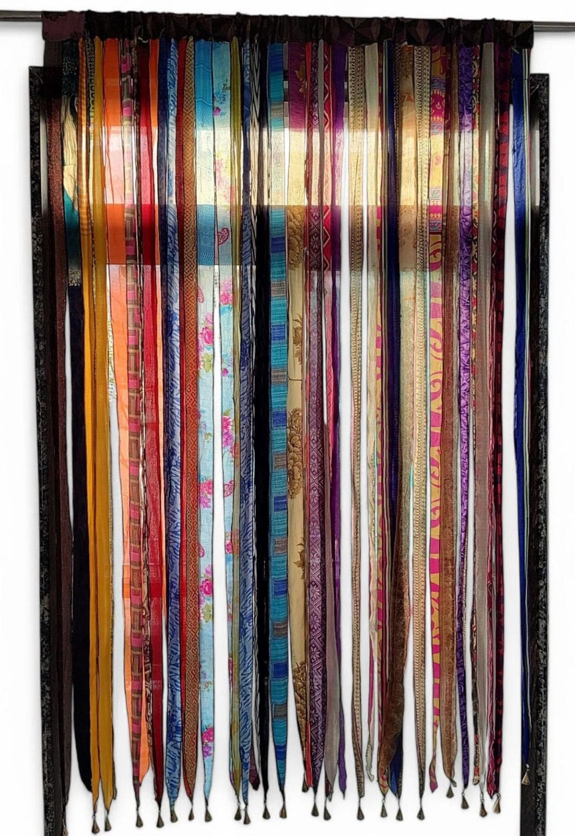 Mango Gifts old silk sari ribbon curtain doorway adds boho charm and light filtration.