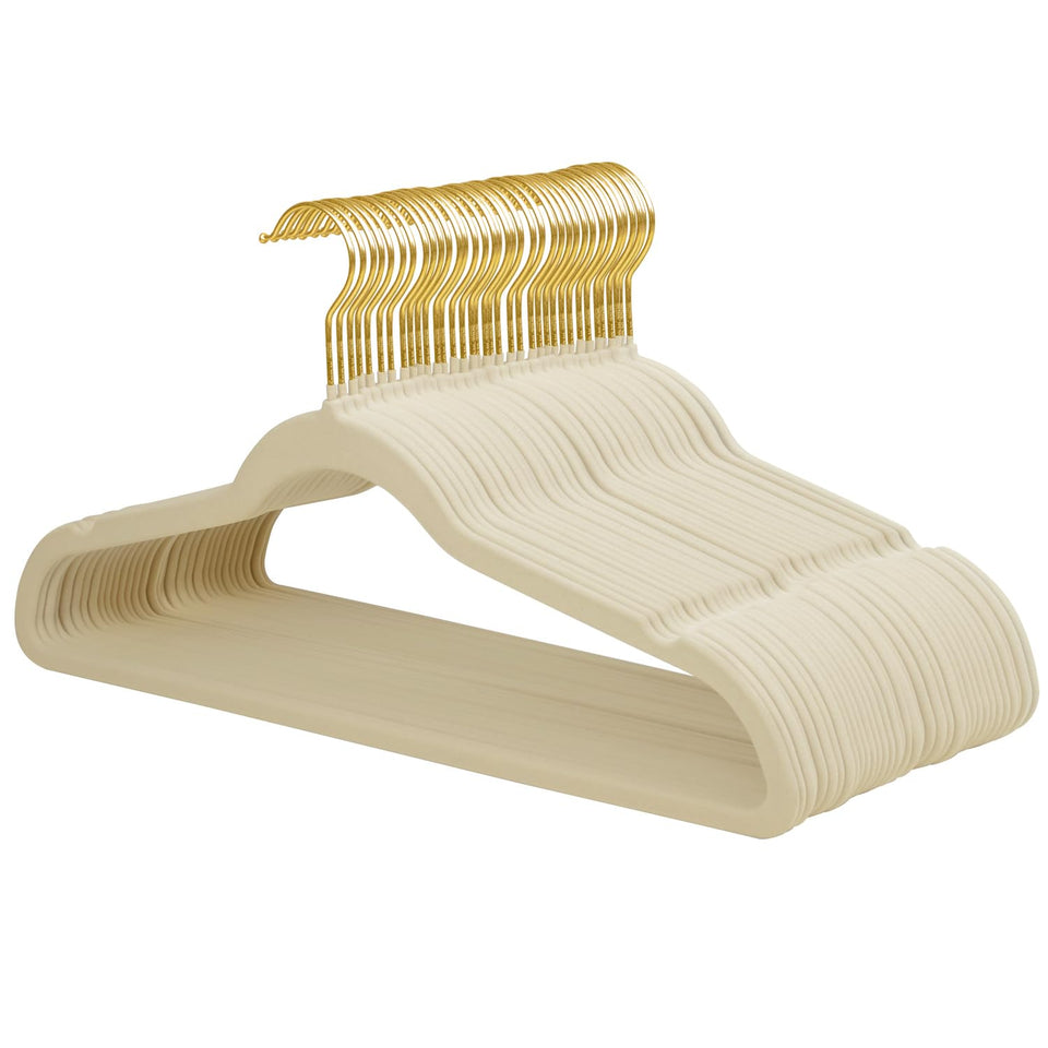 ManGotree velvet coat hangers with 360° gold hook in beige.