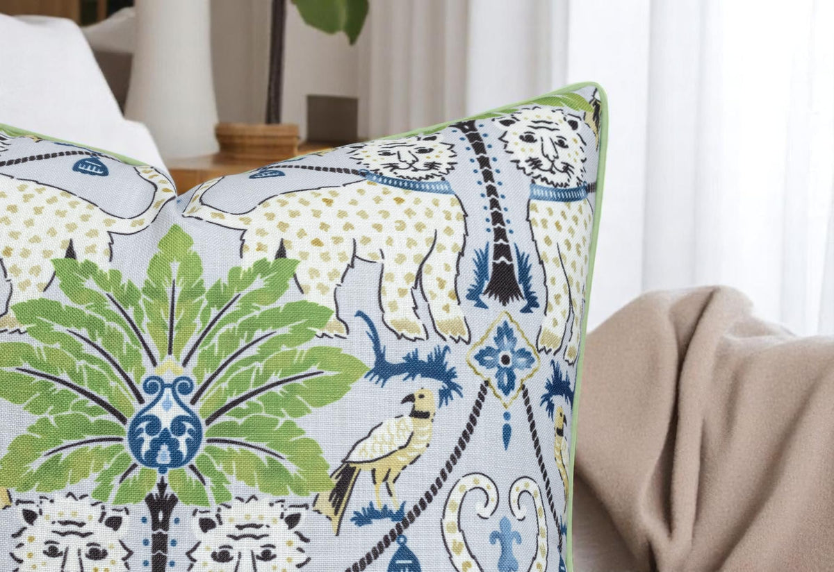 MANOJAVAYA Shorey Wild palm leaves detail adds tropical charm to bedding.