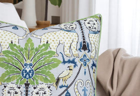 MANOJAVAYA Shorey Wild palm leaves detail adds tropical charm to bedding.