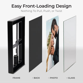 Mantello Essentials front-loading frame with polished edge and glass front for safe handling.