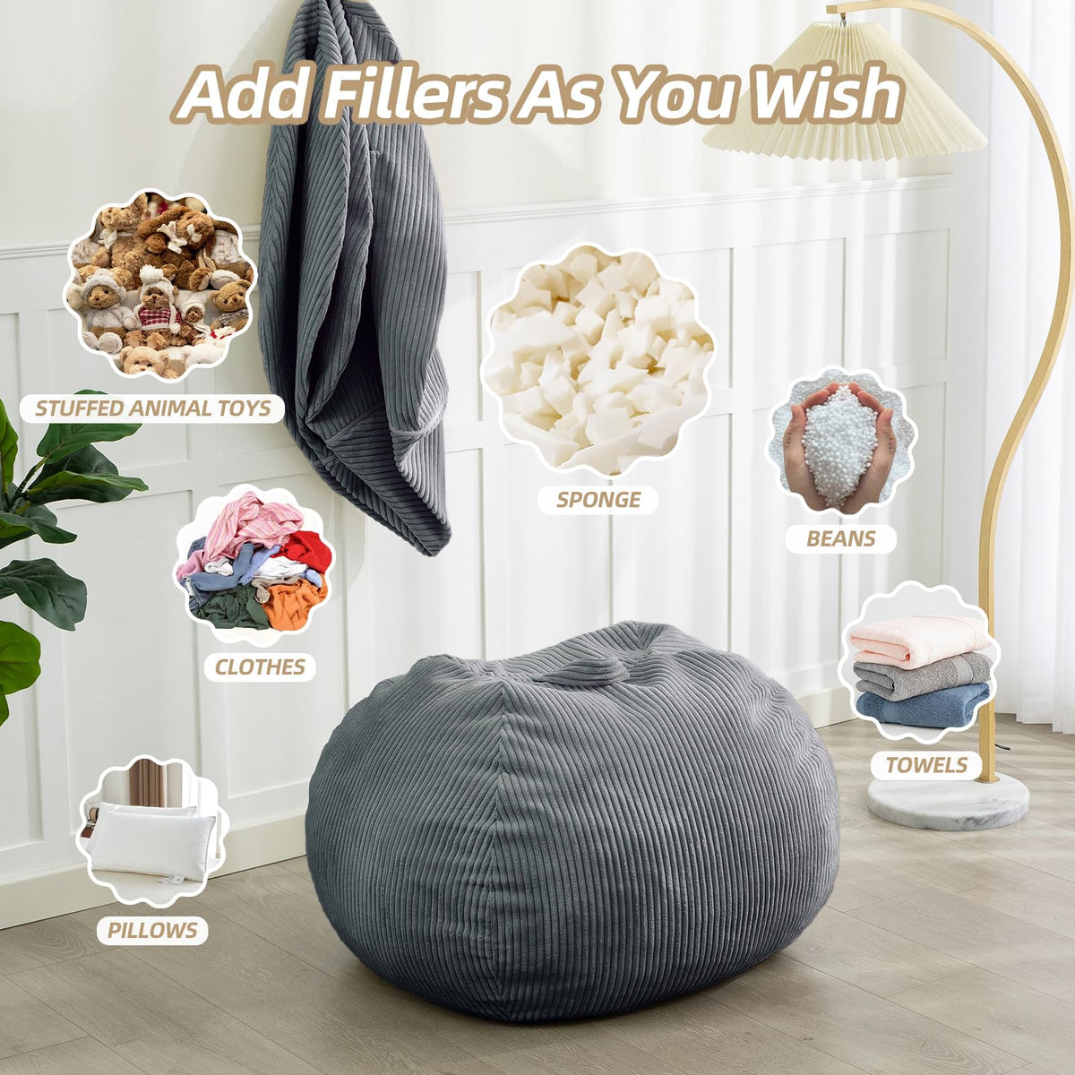 Manyday bean bag chair top handle enables easy carrying between rooms.