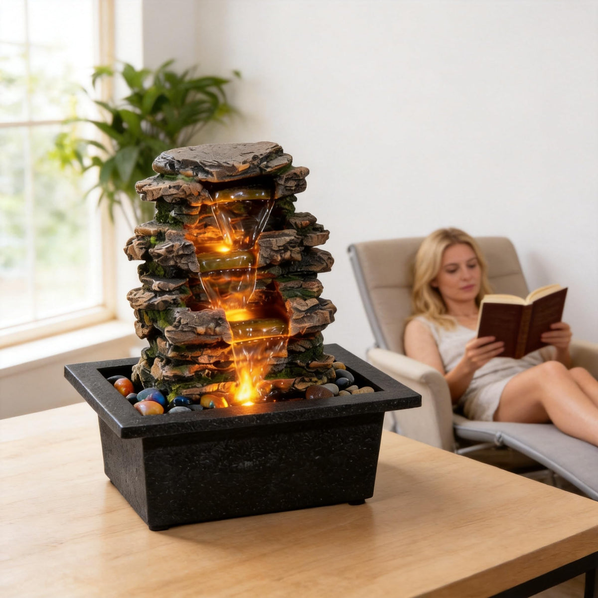 MAOCHI tabletop fountain adds soothing sounds to living room relaxation.